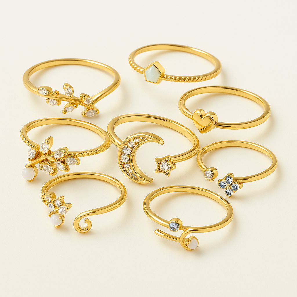 Pack de 10 bagues en argent et en or plaqué bohémien