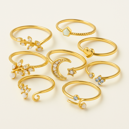 Pack de 10 bagues en argent et en or plaqué bohémien