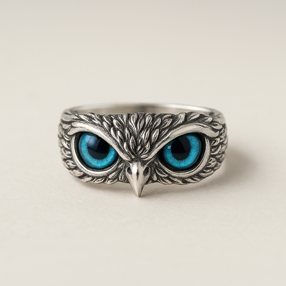 Bague Ajustable Hibou de Bonne Chance en Argent et Opale