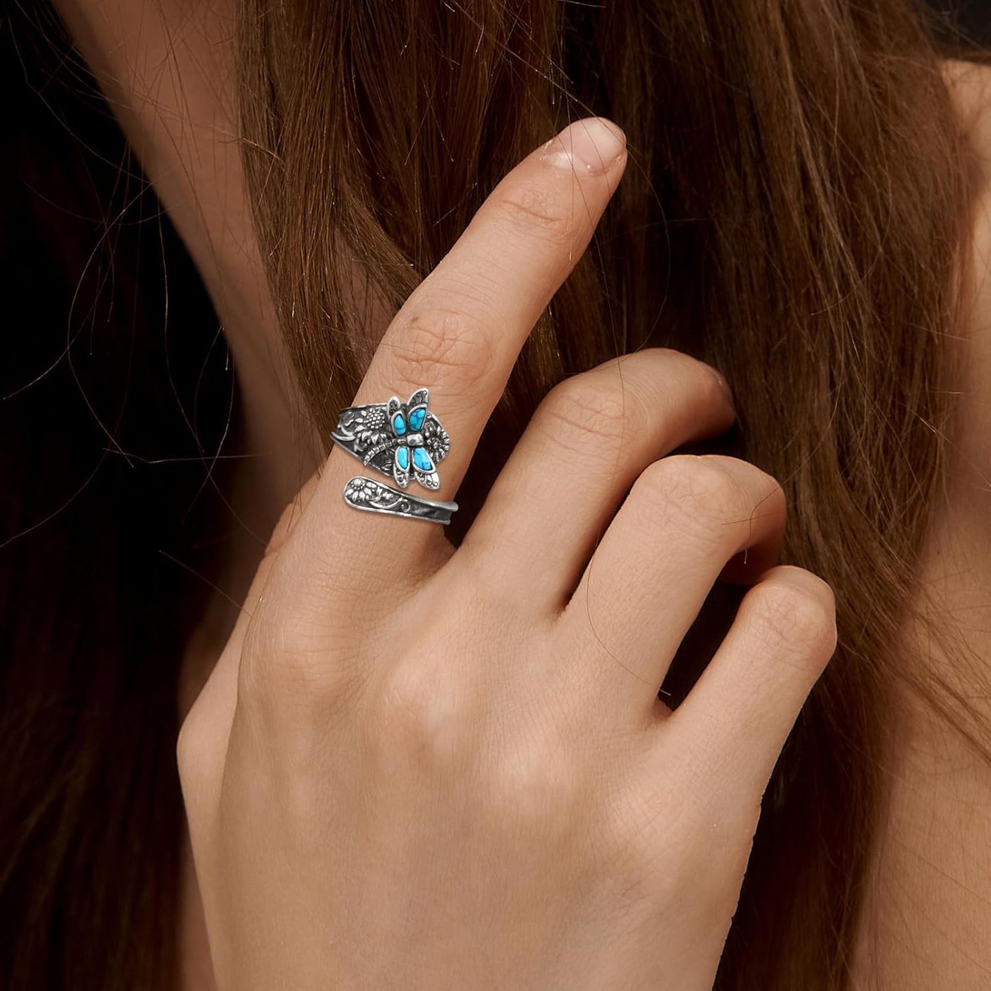 Bague en Cuillère en Argent Sterling avec Turquoise – Bague Vintage Boho enroulée avec Libellule