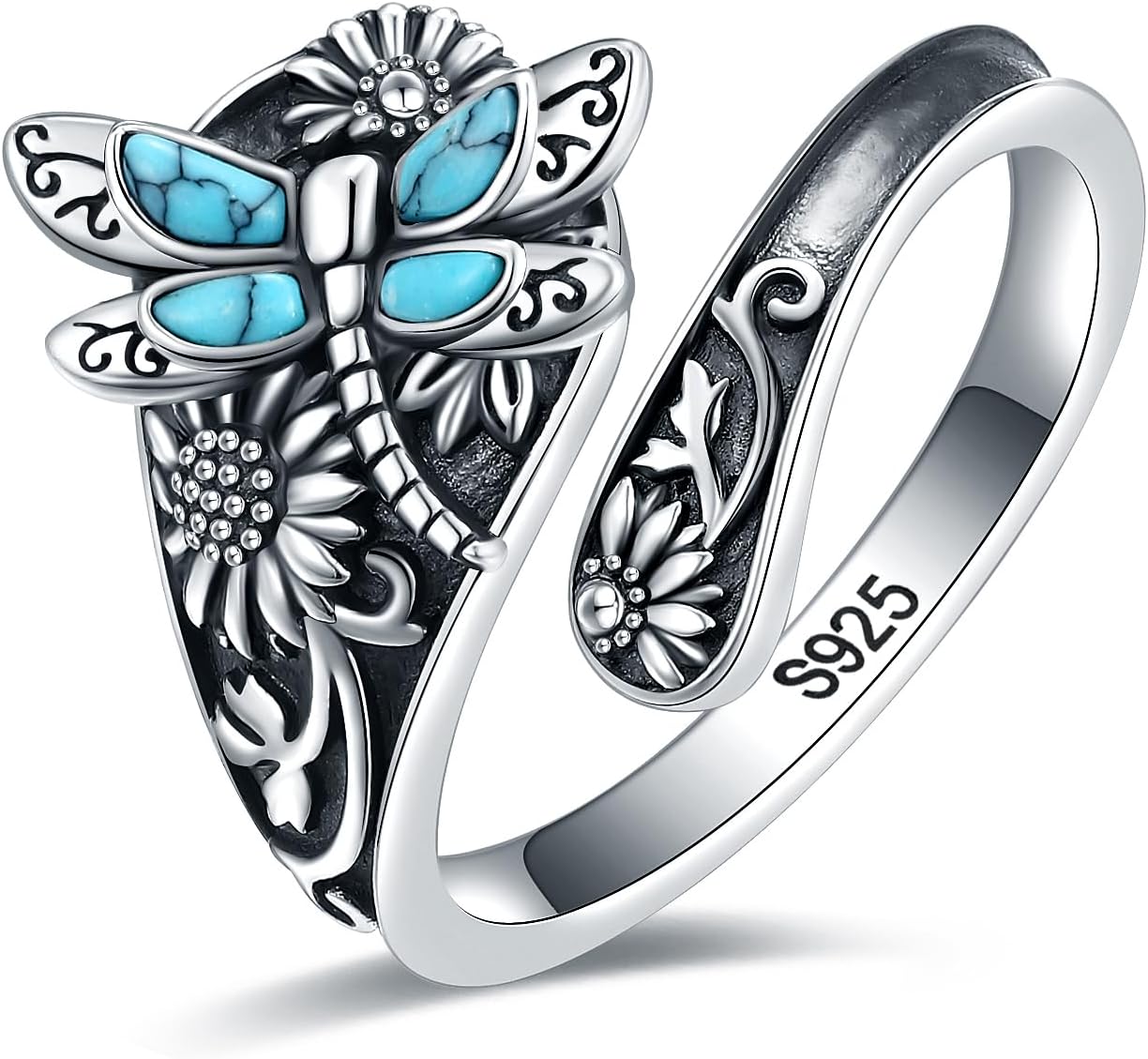 Bague en Cuillère en Argent Sterling avec Turquoise – Bague Vintage Boho enroulée avec Libellule