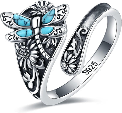 Bague en Cuillère en Argent Sterling avec Turquoise – Bague Vintage Boho enroulée avec Libellule