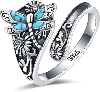 Bague en Cuillère en Argent Sterling avec Turquoise – Bague Vintage Boho enroulée avec Libellule