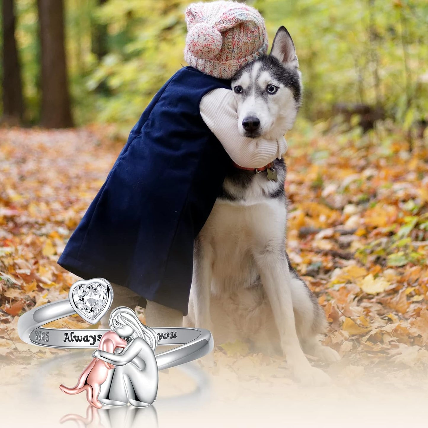 Bague Ajustable pour Chien en Argent Sterling 925 – “Toujours dans Mon Cœur” avec Zirconia