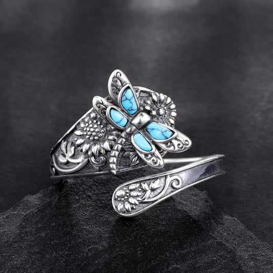 Bague en Cuillère en Argent Sterling avec Turquoise – Bague Vintage Boho enroulée avec Libellule