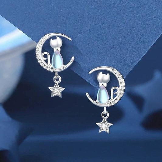 Boucles d'oreilles chat avec lune et étoile en argent sterling 925 avec zircons