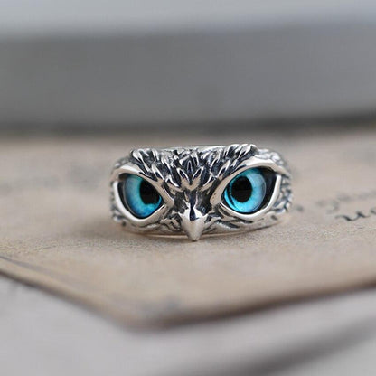 Bague Ajustable Hibou de Bonne Chance en Argent et Opale