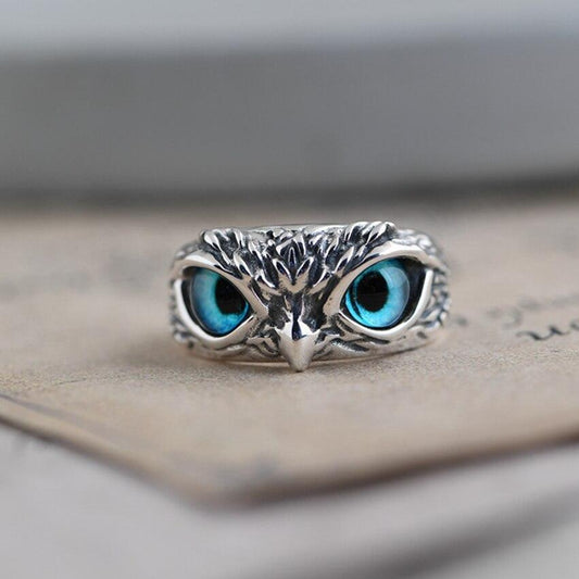 Bague Ajustable Hibou de Bonne Chance en Argent et Opale