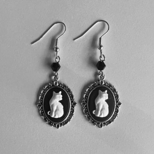 Boucles d'oreilles en argent pendantes Vintage Chat Blanc
