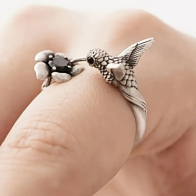 Bague Colibri & Fleur – Bague Ouvrante Ajustable pour Femmes