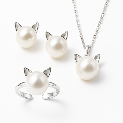 Magnifique Collier Chat en Perles avec Boucles d'Oreilles et Bague Bonus