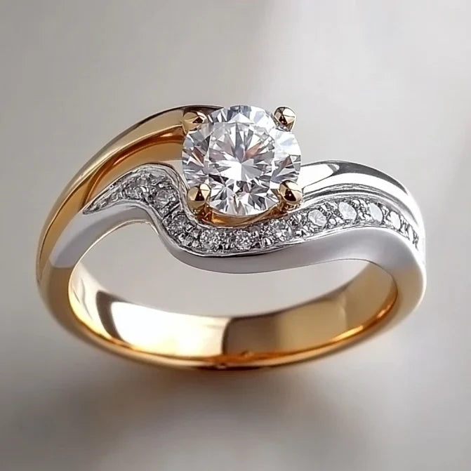 Bague Brillante Vintage Ondulée en Or et Argent